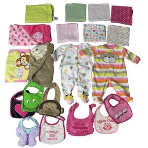 Carter's Baby Lot Blanket Hooded Towel Swaddle Bodysuits Bibs Monkey Whale Cake